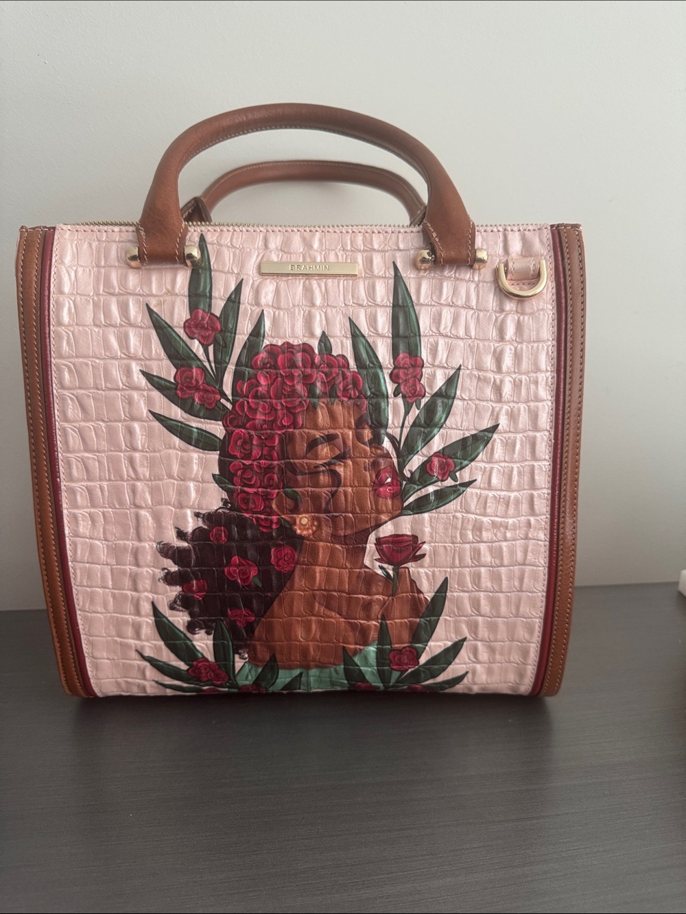 Brahmin Pink Croc-Embossed Tote with Brown Trim and Floral Portrait